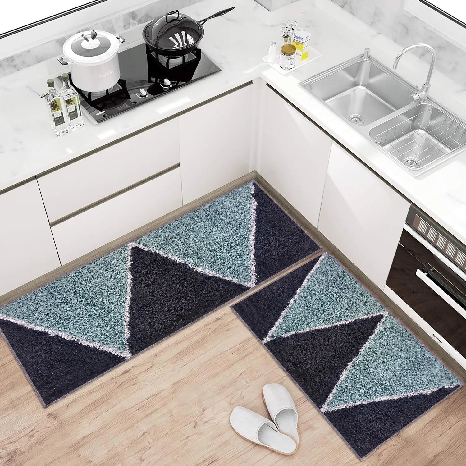 Zigzag Pattern Cotton Bathmat Navy Top View